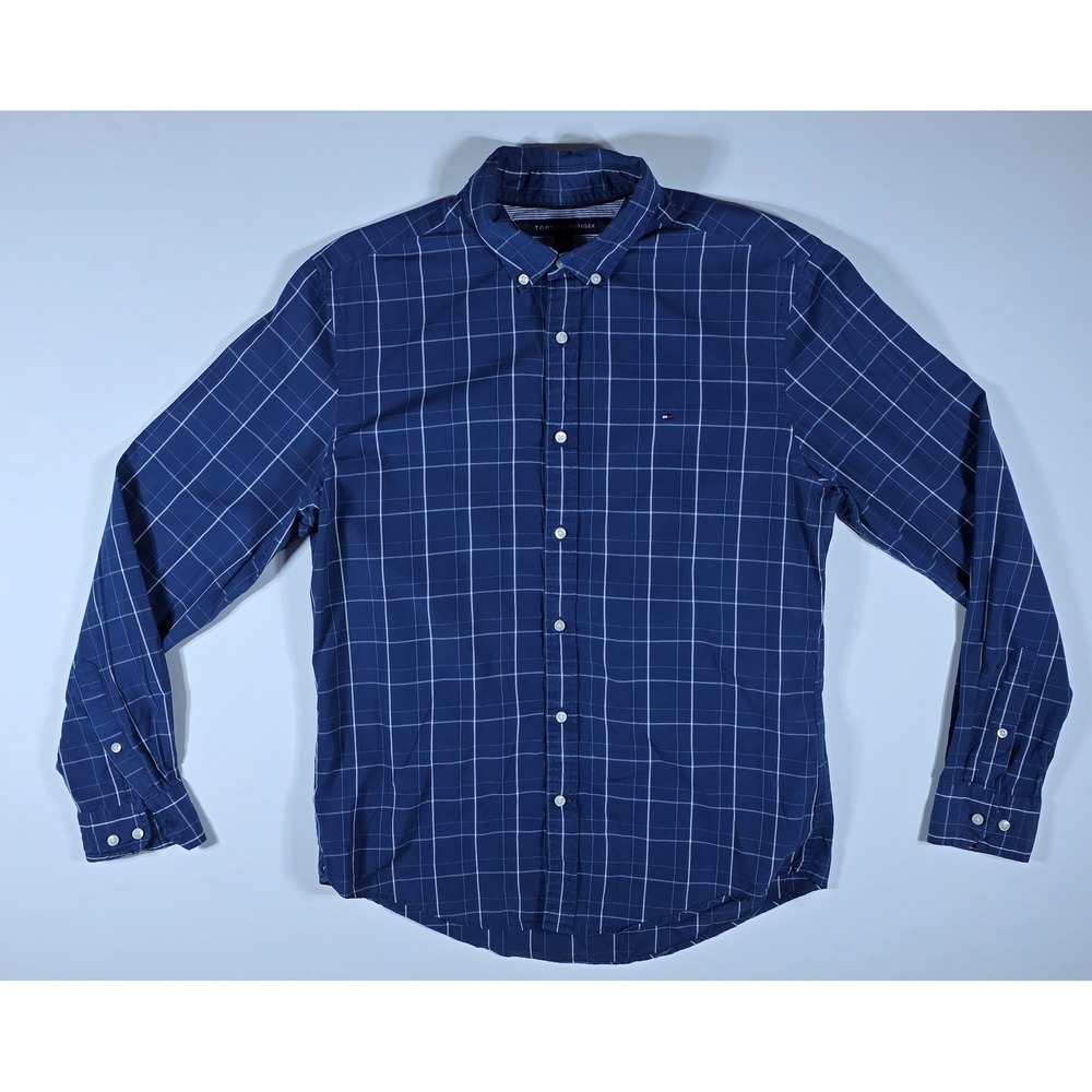 Tommy Hilfiger Mens Navy Blue Windowpane Check 80s 2-Ply Cotton Shirt Medium